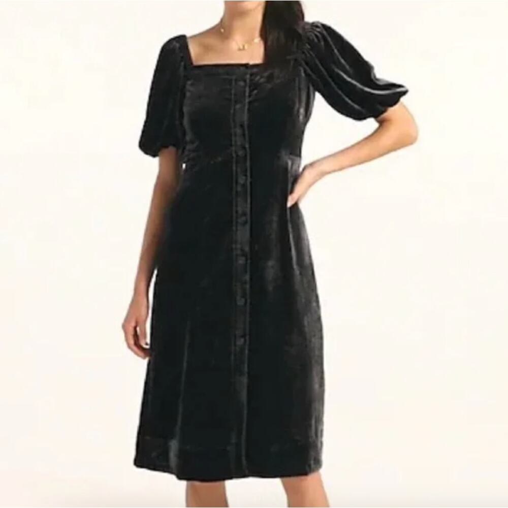 J. Crew Puff Sleeve Velvet Dress Midi Button Down Black 8‎